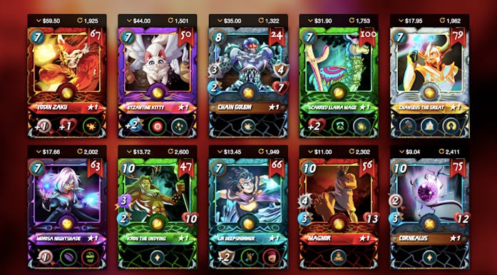 Screengrab from play to earn game Splinterlands, showing 10 different cards collected with different...
