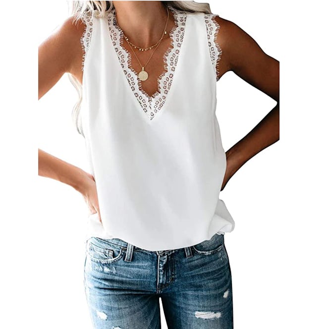 BLENCOT V Neck Lace Trim Tank Top