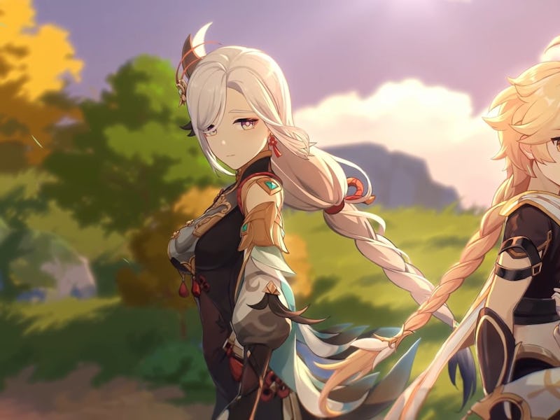 Genshin Impact Shenhe passing the Traveler and Paimon