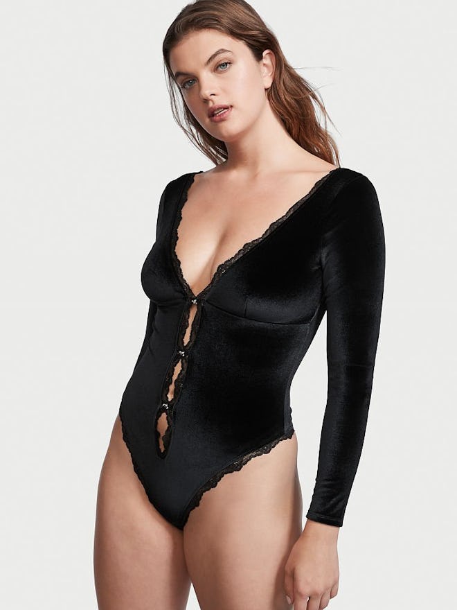 Woman modeling long-sleeve black teddy