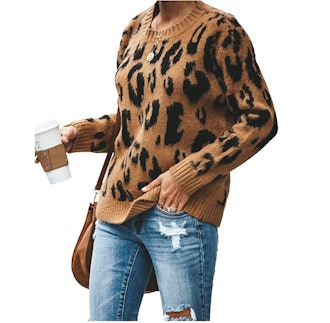 HZSONNE Casual Leopard Crew Neck Loose Fit Sweater