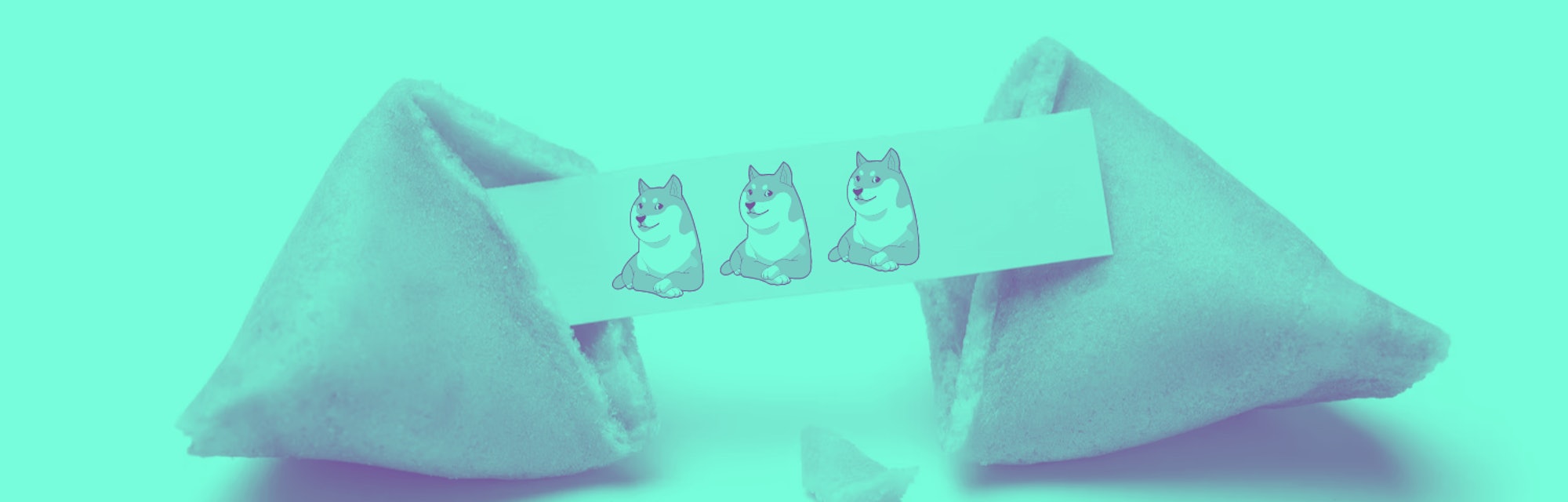 Shutterstock image of fortune cookie with three Dogecoin dogs on fortune