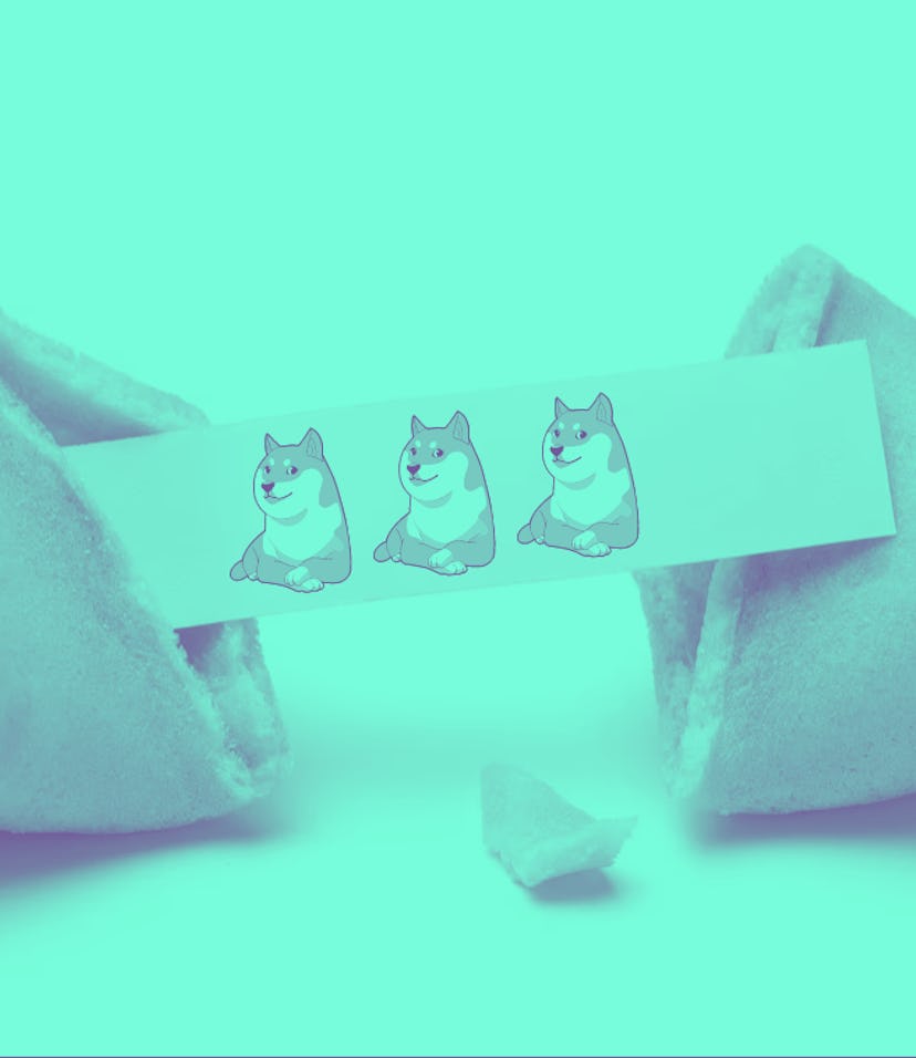 Shutterstock image of fortune cookie with three Dogecoin dogs on fortune
