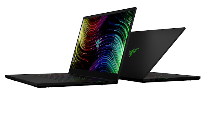Two open Razer Blade 17s back to back with ports visible 