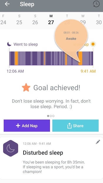 A screenshot of the Bellabeat app's sleep tracking feature