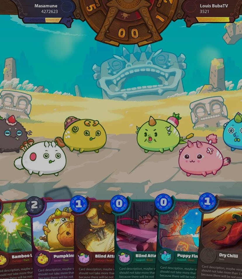 Screengrab of Axie Infinity, a play-to-earn NFT card game where cutesy blob-like creatures battle ea...