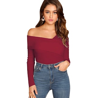 Romwe Casual Cross Off Shoulder Deep V Neck Ribbed Knit Slim Wrap Tee Shirt Blouse