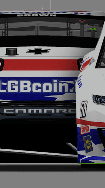 Mock up of a NASCAR car with LGBcoin logo on it.