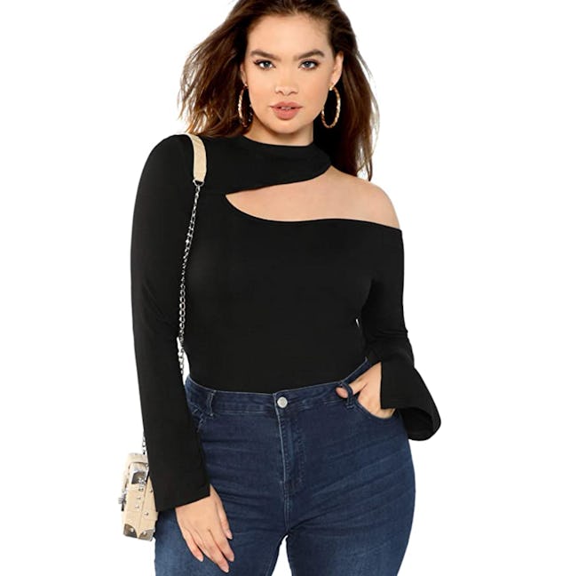 SheIn Sexy One Shoulder Long Sleeve Slim Fit Cut Out Tee 