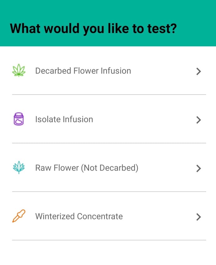 A screenshot of the tCheck app showing promots for which material you want to test