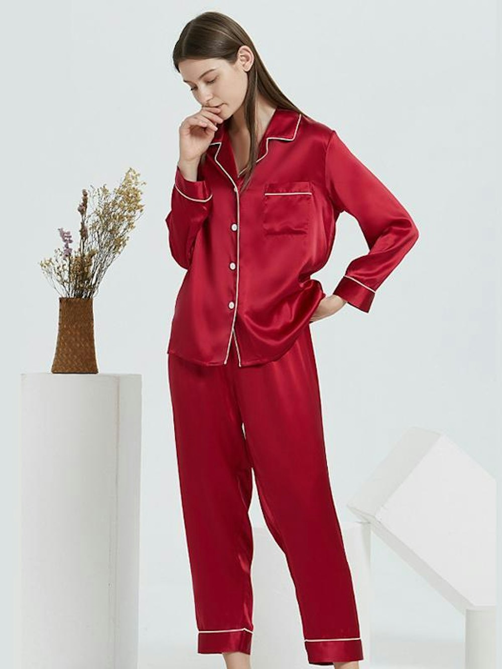 Luxury Chic Trimmed long Silk Pajamas Set