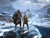 A screenshot from the God of War Ragnarok video game of the two main characters standing on ice 