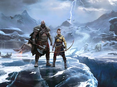 A screenshot from the God of War Ragnarok video game of the two main characters standing on ice 