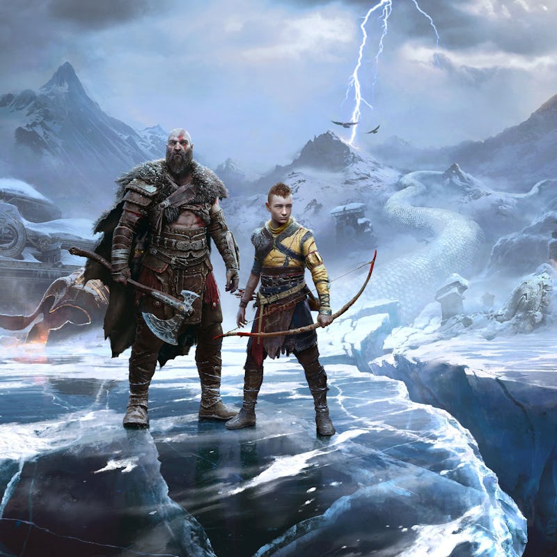 A screenshot from the God of War Ragnarok video game of the two main characters standing on ice