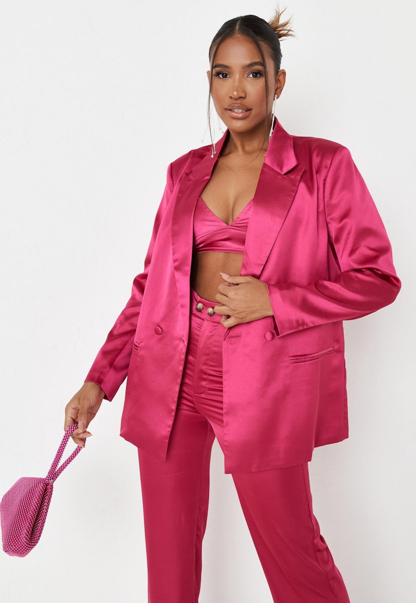hot pink co ord double breasted satin blazer