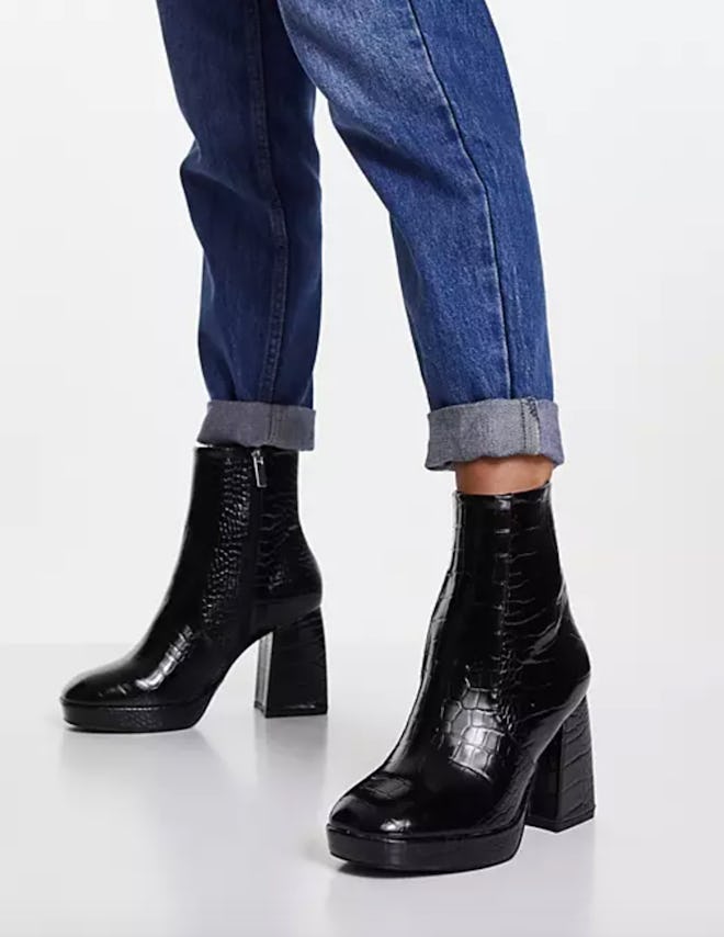 Asos Design Wide Fit Era high-heeled platform boots in black croc