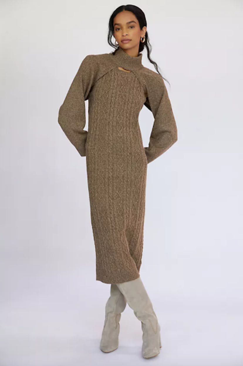 Cable-Knit Midi Sweater Dress Set in Cedar