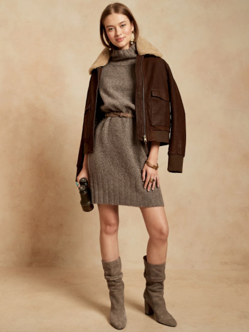 Mock-Neck Sweater Dress in Chocolate Brown