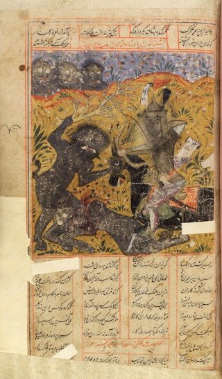 “Faramarz kills the shah of demons (ghuls), from the Shah Nameh, 10th century Persian epic of the Ki...