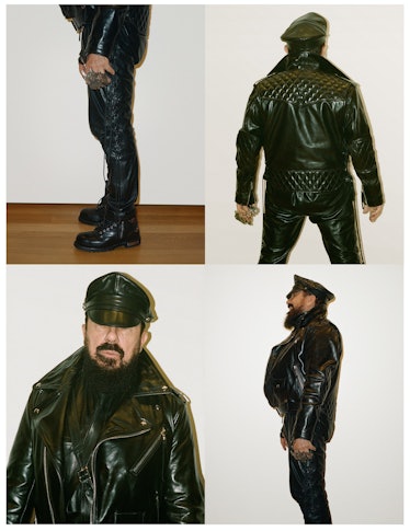 Peter Marino wears custom motorcycle leather uniform and jewelry of his own design.