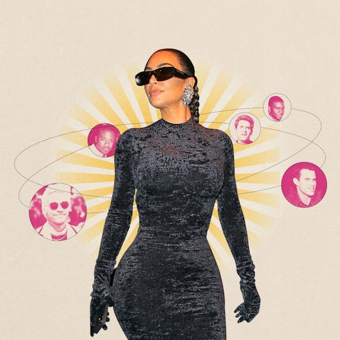 Kim Kardashian in a black long-sleeved dress and black sunglasses with pictures of her exes in the b...