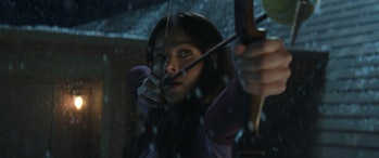 Kate Bishop (Hailee Steinfeld) takes aim in the opening minutes of Hawkeye Episode 1