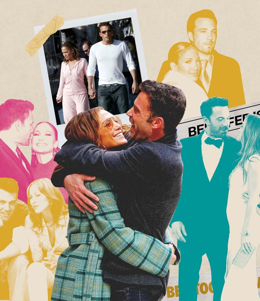 A collage of cute moments shared between Jennifer Lopez and Ben Affleck over the years