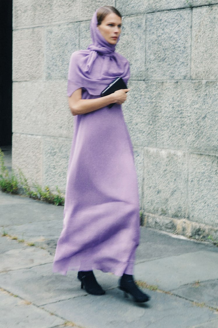 Model in lavender dress from The Row.