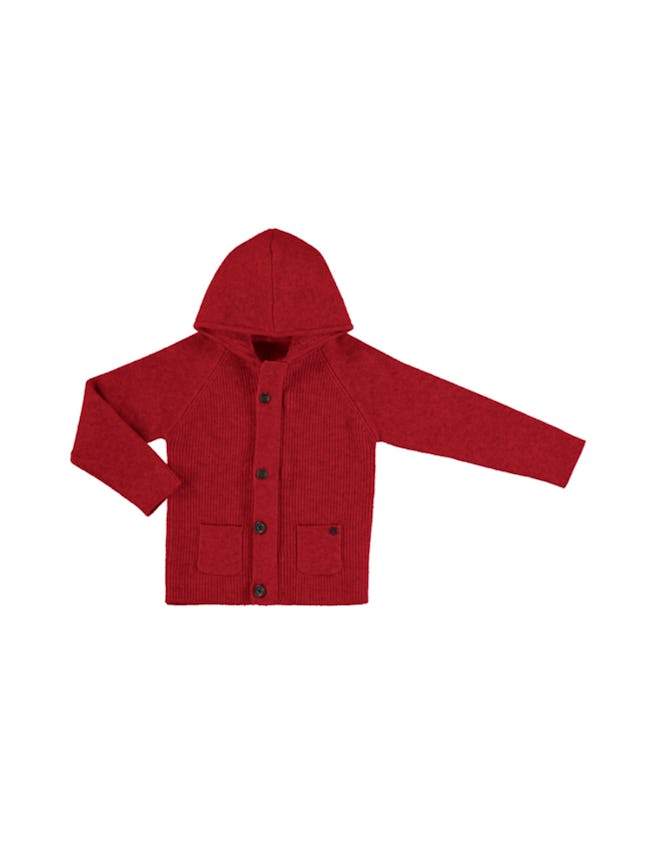 Flat lay of red hooded cardigan