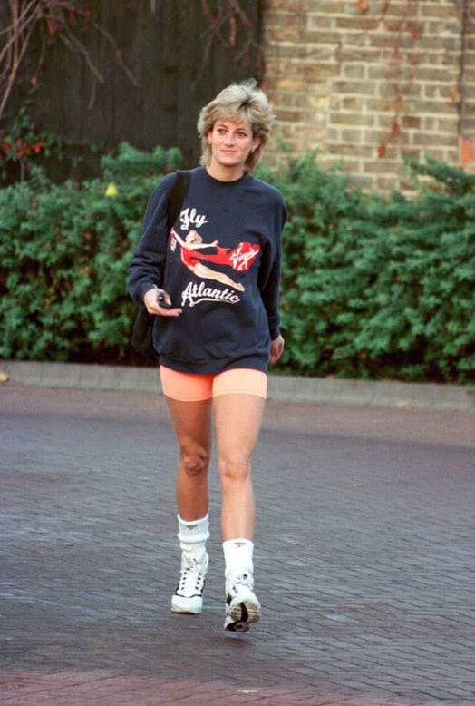 Princess Diana, wearing Virgin Atlantic sweatshirt and biker shorts, in London in November, 1995. 
