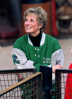 Princess Diana wearing a varsity jacket at Alton Towers Theme Park.