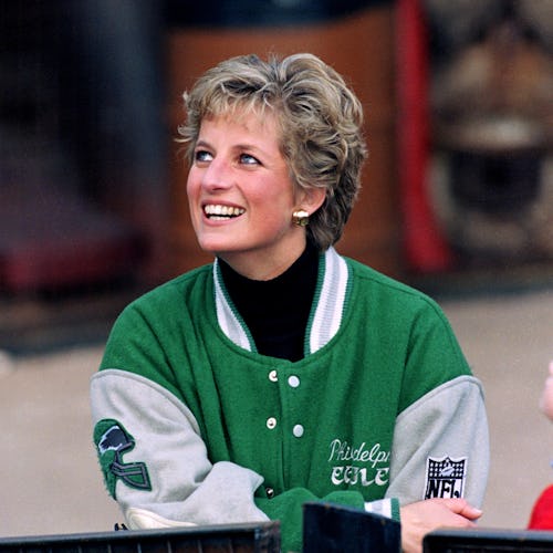 Princess Diana wearing a varsity jacket at Alton Towers Theme Park.