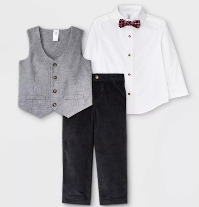 Flat lay of kids three-piece suit with bowtie