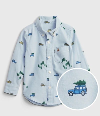 Flat lay of boys oxford shirt with trucks and Christmas trees