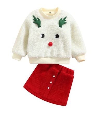 Flat lay of two piece set; sweatshirt with reindeer face and red skirt
