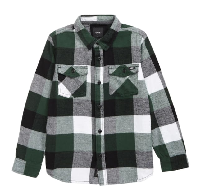 Flat lay of kids green and black flannel shirt