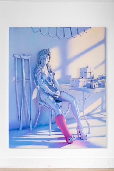 painting of a girl with broken leg seated at a table wearing a pink cast