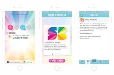 Three screenshots on a smartphone of the app SuperBetter 