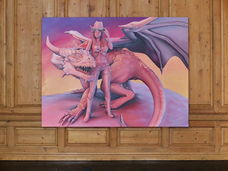 close up of emma stern's painting of a woman on a dragon