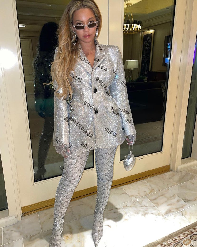 Beyoncé wearing a silvery Gucci x Balenciaga ensemble