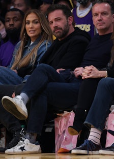  Jennifer Lopez and Ben Affleck watch the game between the Boston Celtics and the Los Angeles Lakers...