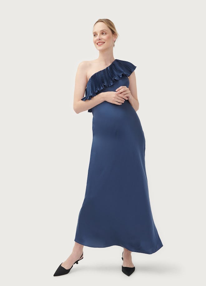 one shoulder blue maternity dress