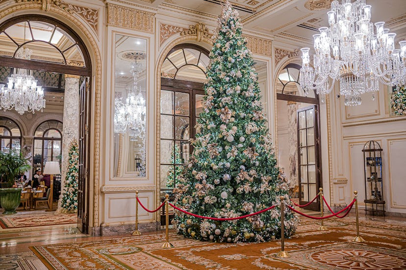 A big Christmas tree holiday decoration at The Plaza hotel