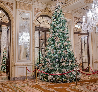 A big Christmas tree holiday decoration at The Plaza hotel