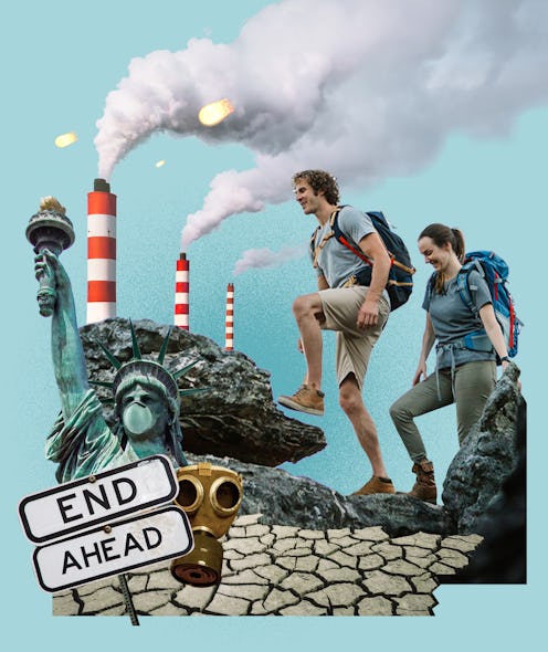 Collage of hikers, climate ruining chimneys, and Statue of Liberty