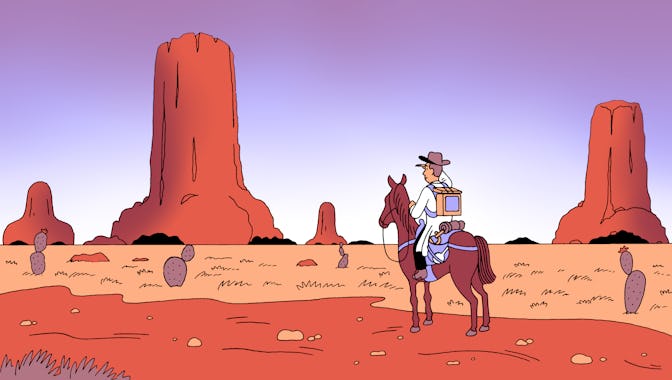 An illustration of a man with a hat on a horse looking into the distance near a canyon