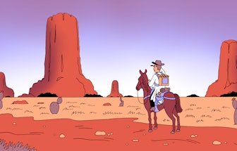 An illustration of a man with a hat on a horse looking into the distance near a canyon