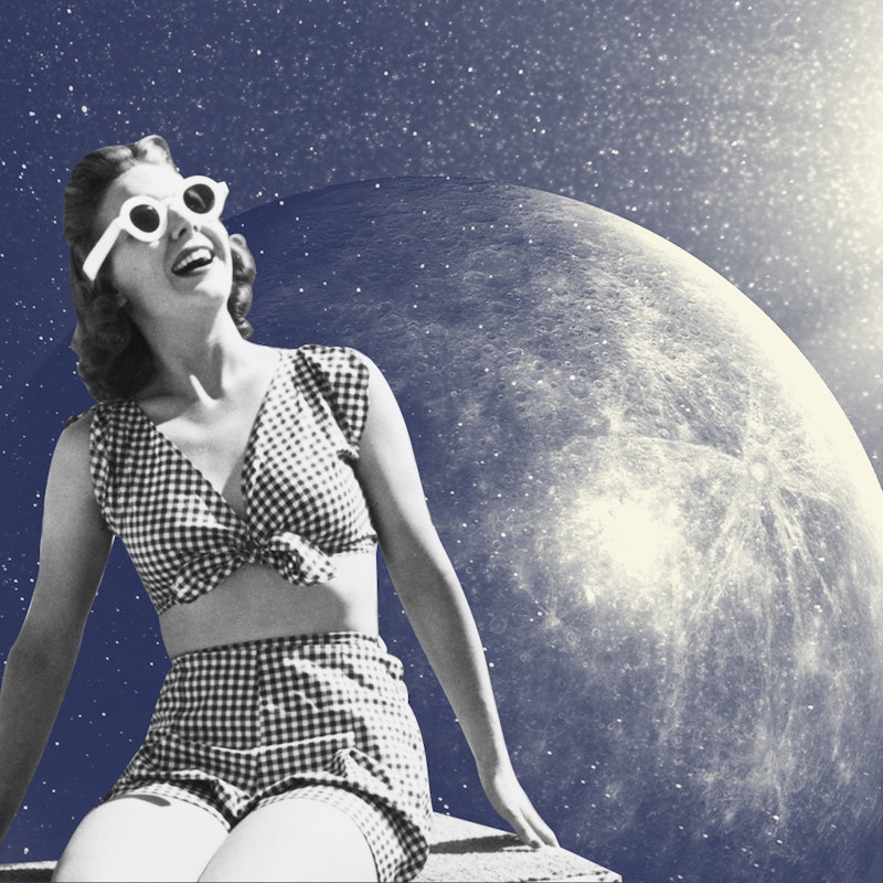 A woman in retro dress in front of the moon. Here are all the major astrological events happening in...