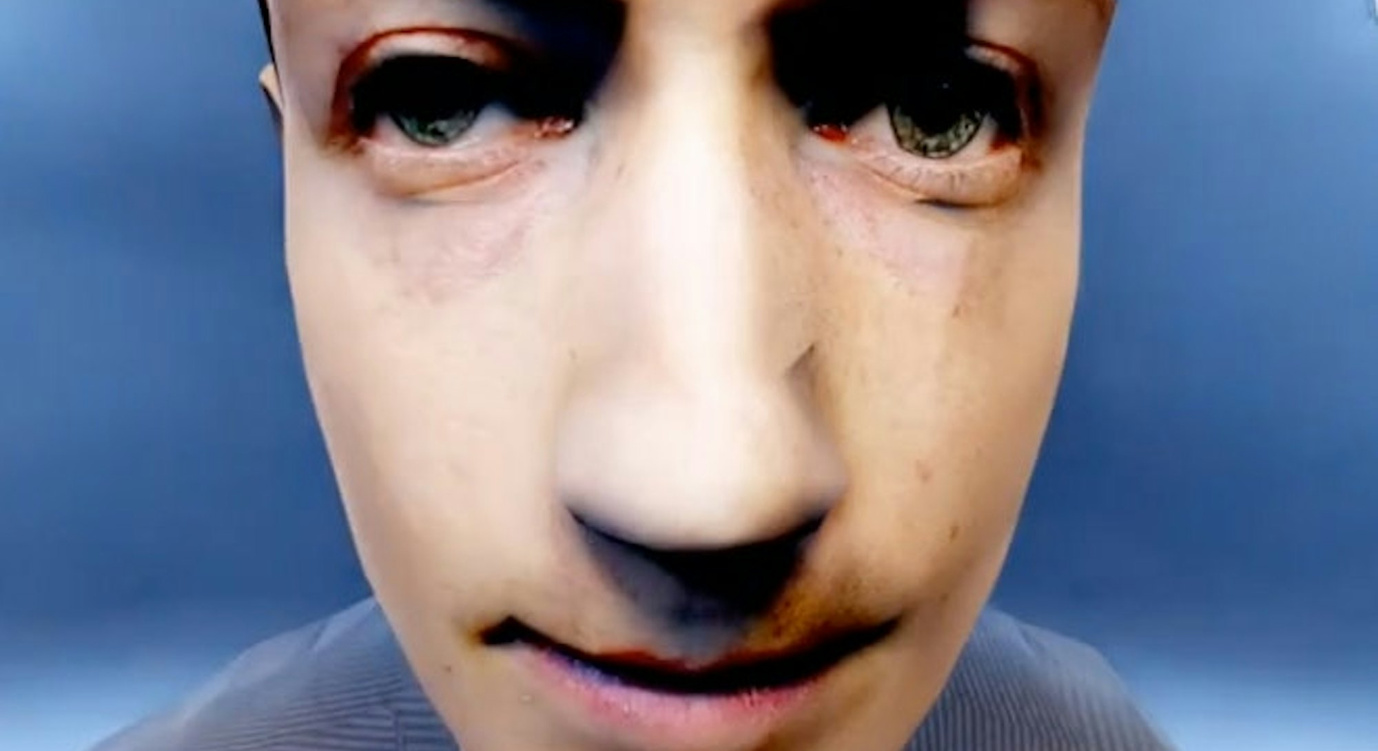 Close-up of metaverse Mark Zuckerberg, in a parody video.