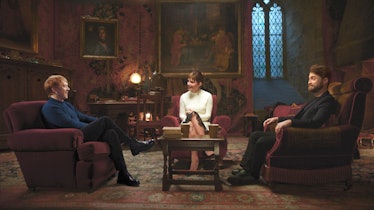 Daniel Radcliffe, Rupert Grint, and Emma Watson on the set of Harry Potter 20th Anniversary: Return ...